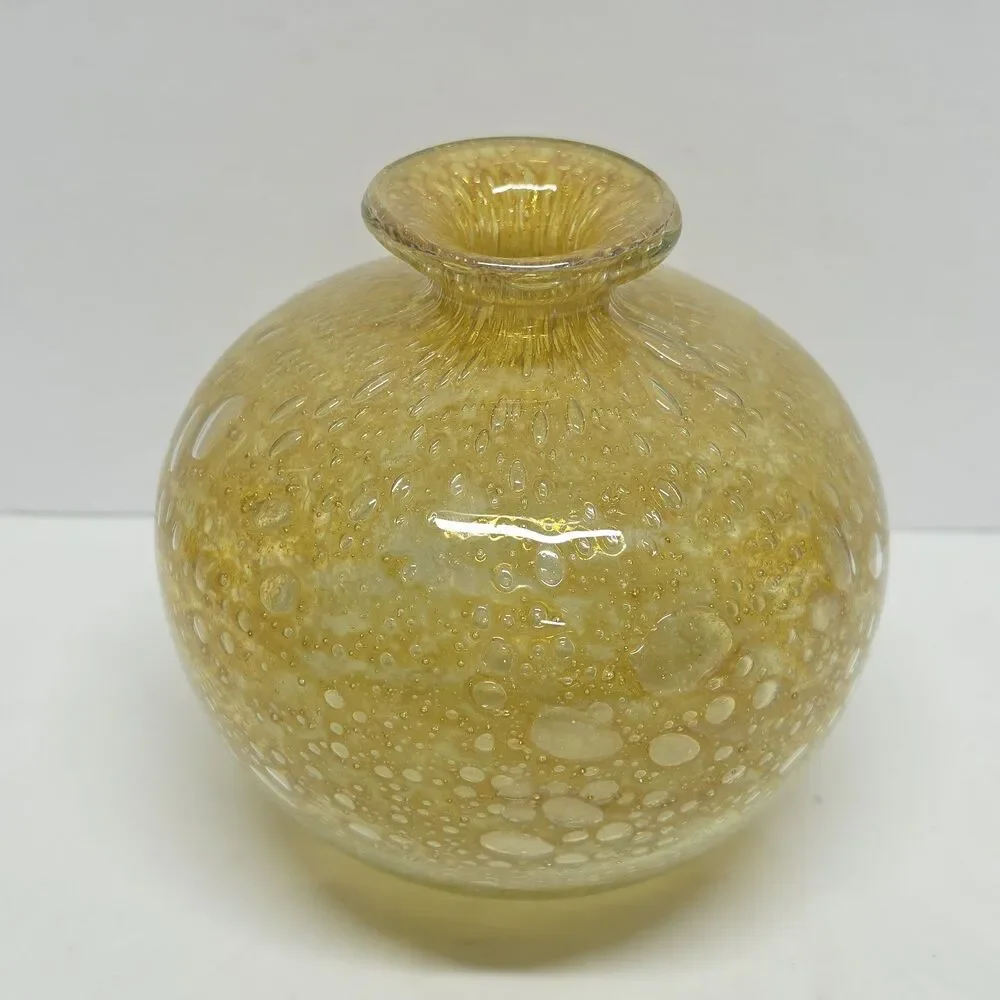 Vintage 70s MDINA Bubble Glass Globe Vase Yellow Ochre By Michael Harris Malta